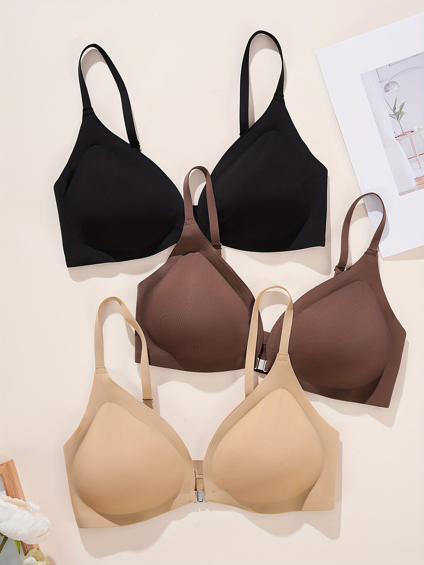 3pcs Seamless Wireless Front Buckle Push Up Bra Women's Lingerie