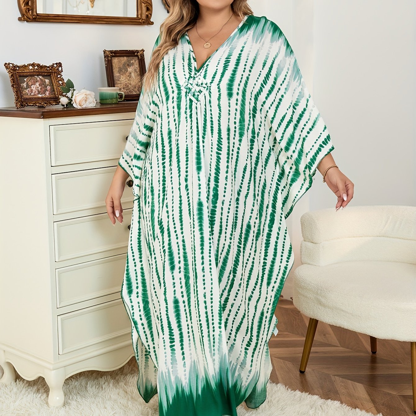 Boho Cover Up Tie Dye Striped Batwing Sleeve V Neck