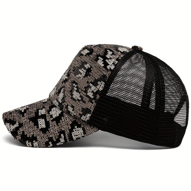 Sequins Leopard Trucker Hat Hip Hop Baseball Cap Mesh Adjustable Dad Hats