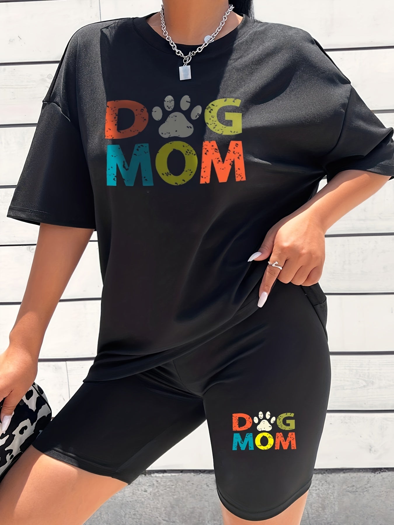 2pcs Dog Mom Letter Print Casual Sports Suits Loose Short Sleeve T shirts & Shor