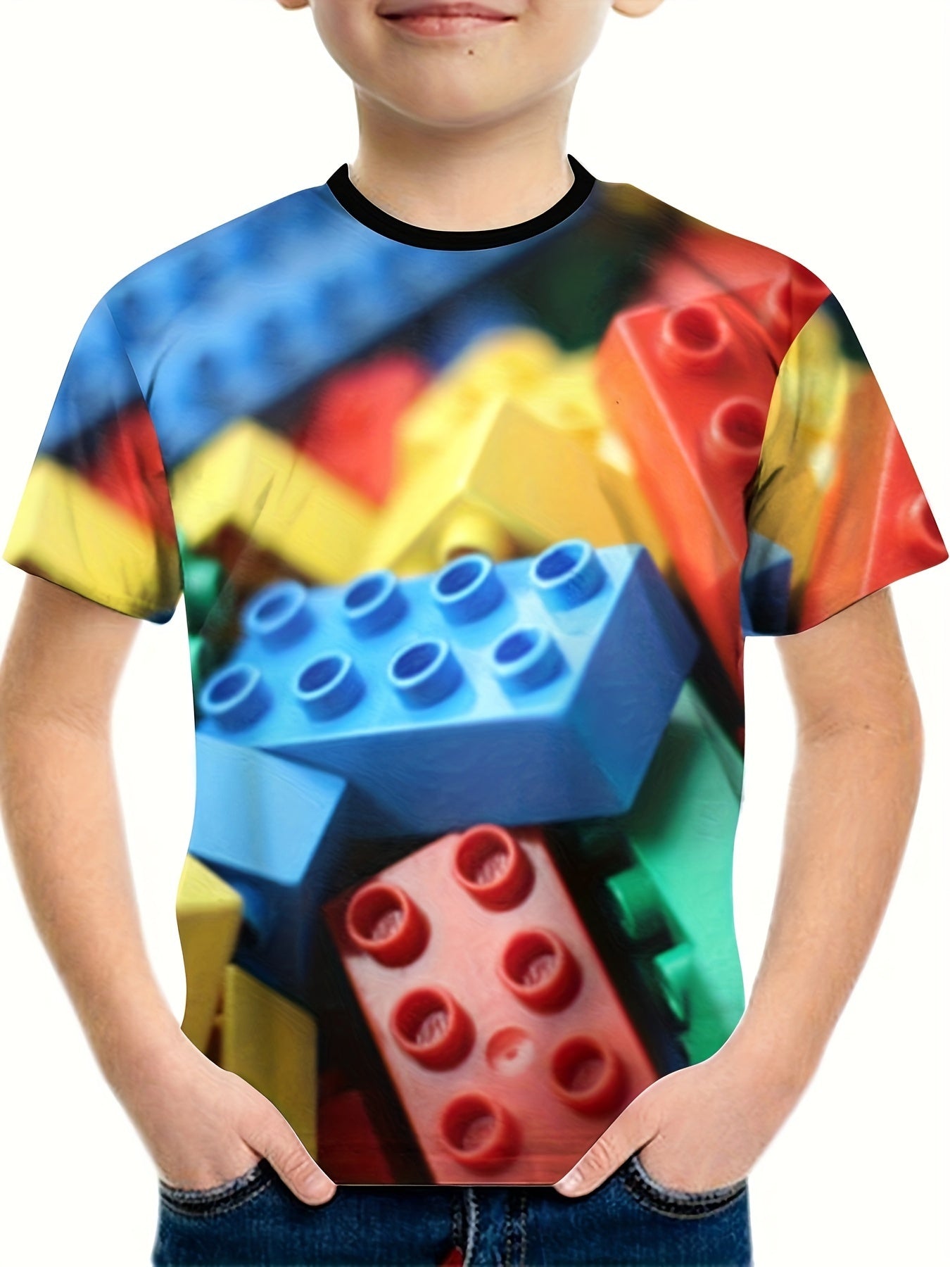 Colorful Block 3D Print Boy's T-shirt Breathable Loose Fit Round Neck Top