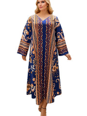Women's Plus Tribal Print V Neck Long Sleeve Loose Casual Maxi Dress