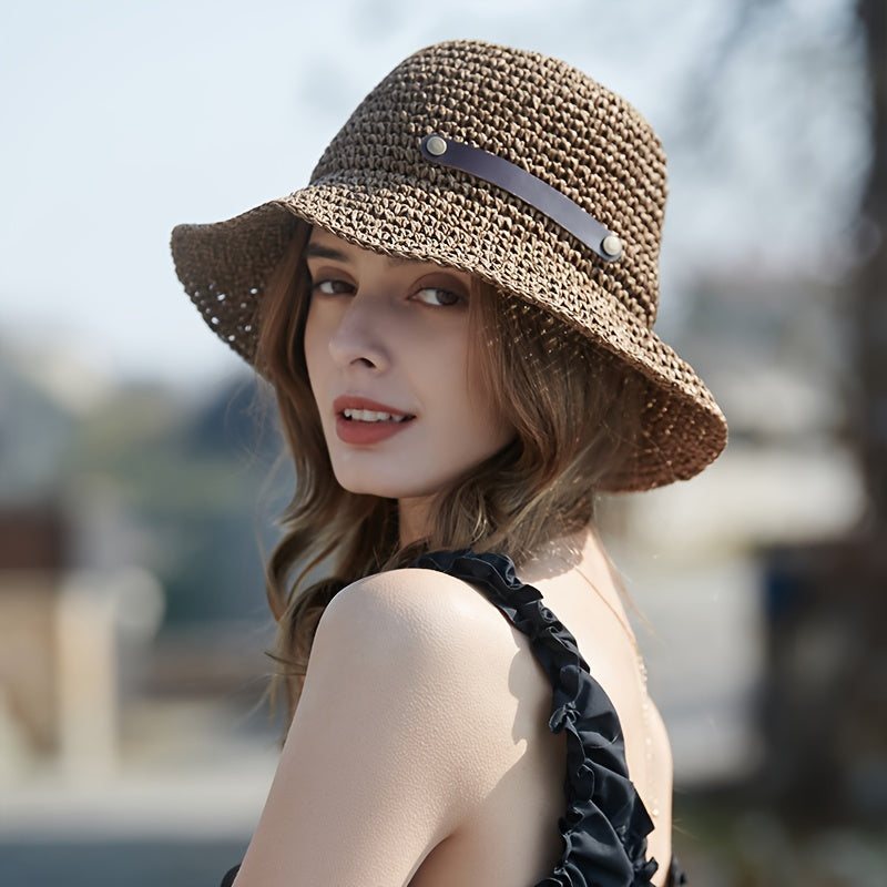 Brown Crochet Bucket Hat Hollow Breathable French Style Straw Hat