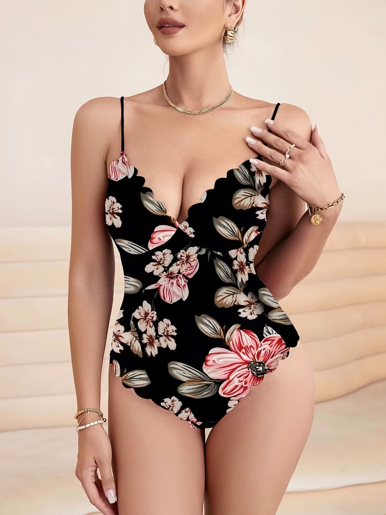 Floral Print Cami Bodysuit Plunge Neck Scallop Trim Bodysuit