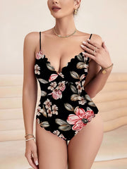 Floral Print Cami Bodysuit Plunge Neck Scallop Trim Bodysuit