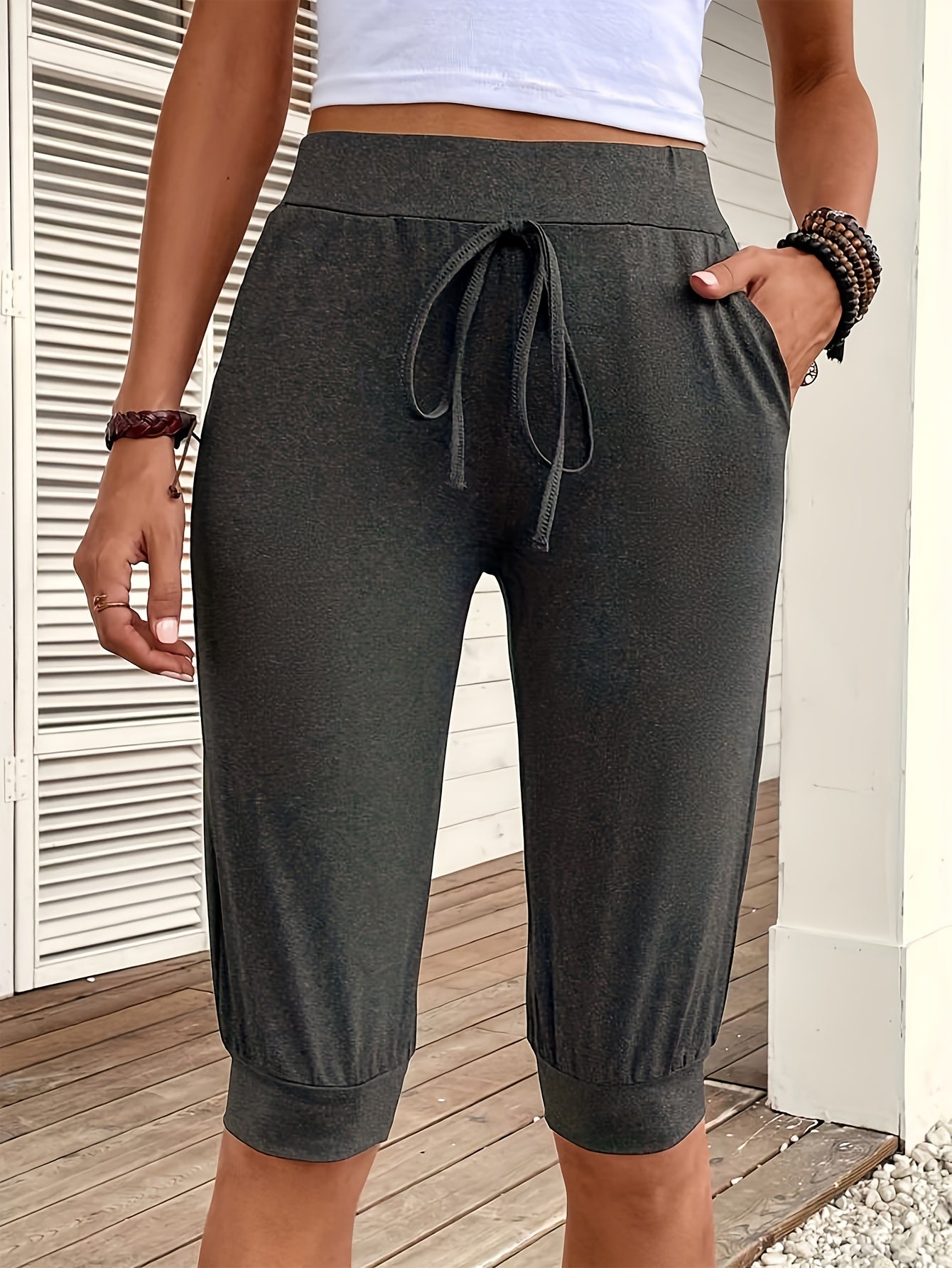 Solid Drawstring Shorts Casual Workout Knee Length Shorts