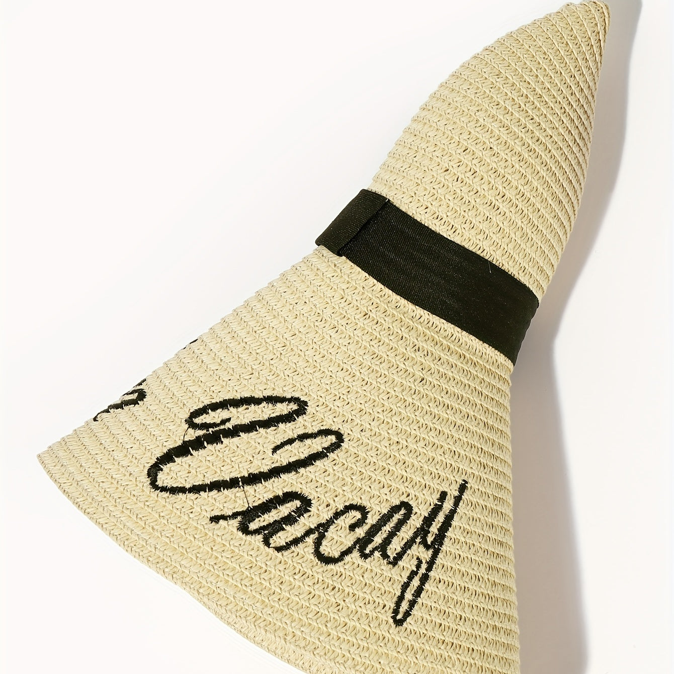 Letter Embroidery Floppy Sun Hat Wide Brim Crochet Straw Hat Beige