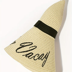 Letter Embroidery Floppy Sun Hat Wide Brim Crochet Straw Hat Beige