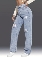 Loose Fit Straight Jeans Ripped Holes Slash Pockets Denim Pants