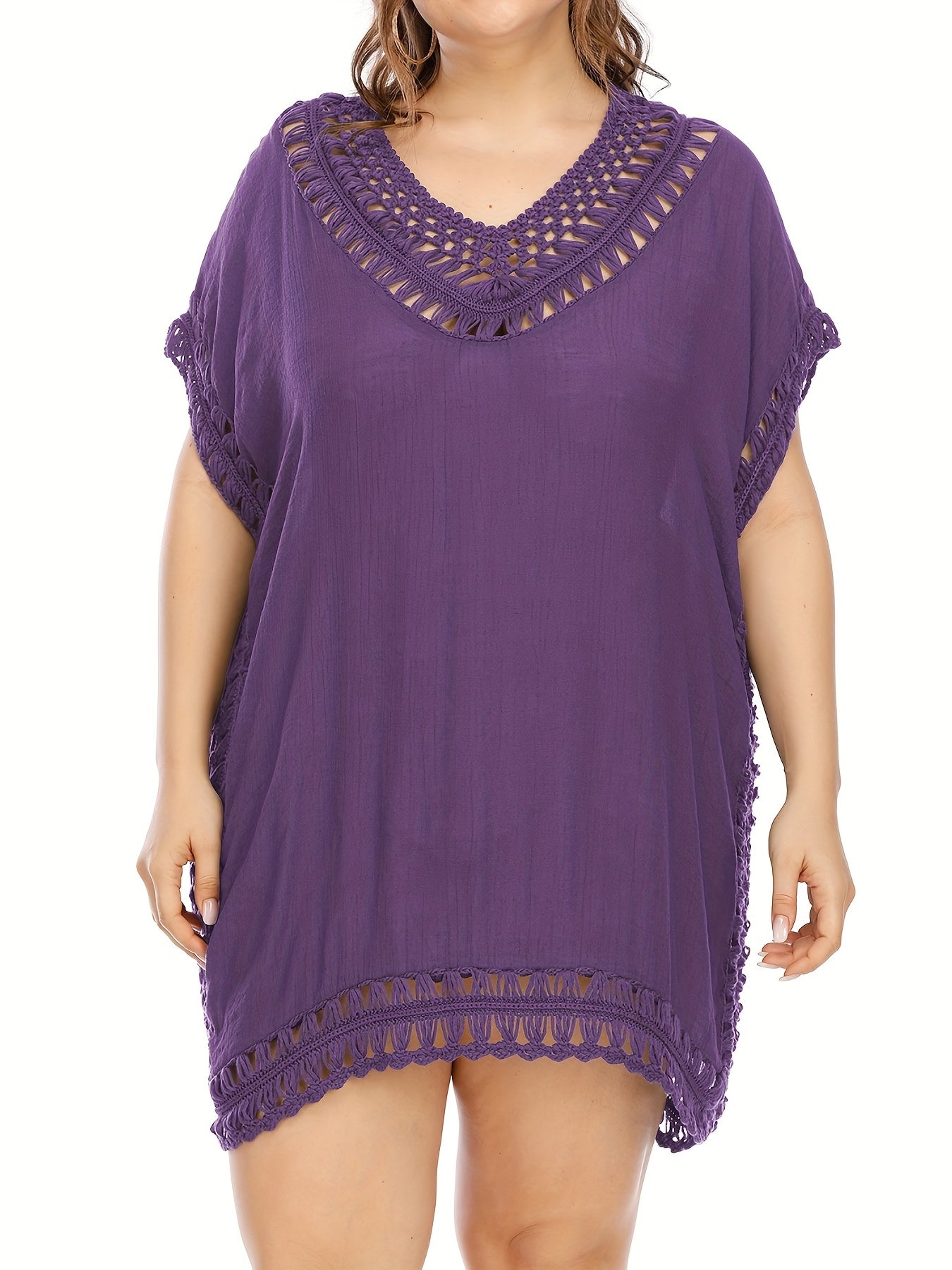 Solid Hollow Out Cover Ups Women's Plus Sexy Round Neck