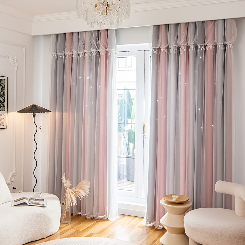 Blackout Curtains with Self Stick Rodless and Lace Sheer Tieback