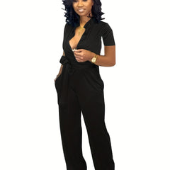 Casual Plunging Jumpsuit - Tie Waist - Long Length