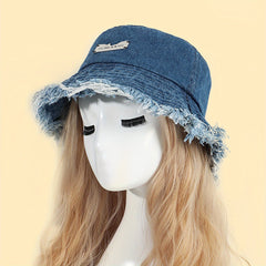 Denim Washed Tassel Bucket Hat Ripped Vintage Fisherman Cap