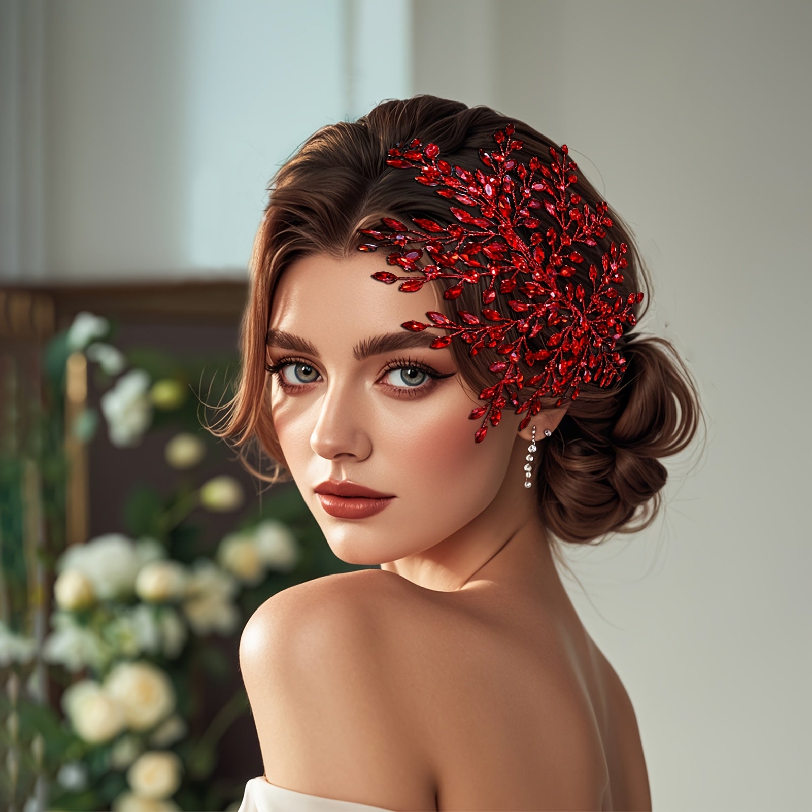 Vintage Red Rhinestone Bridal Hairpin