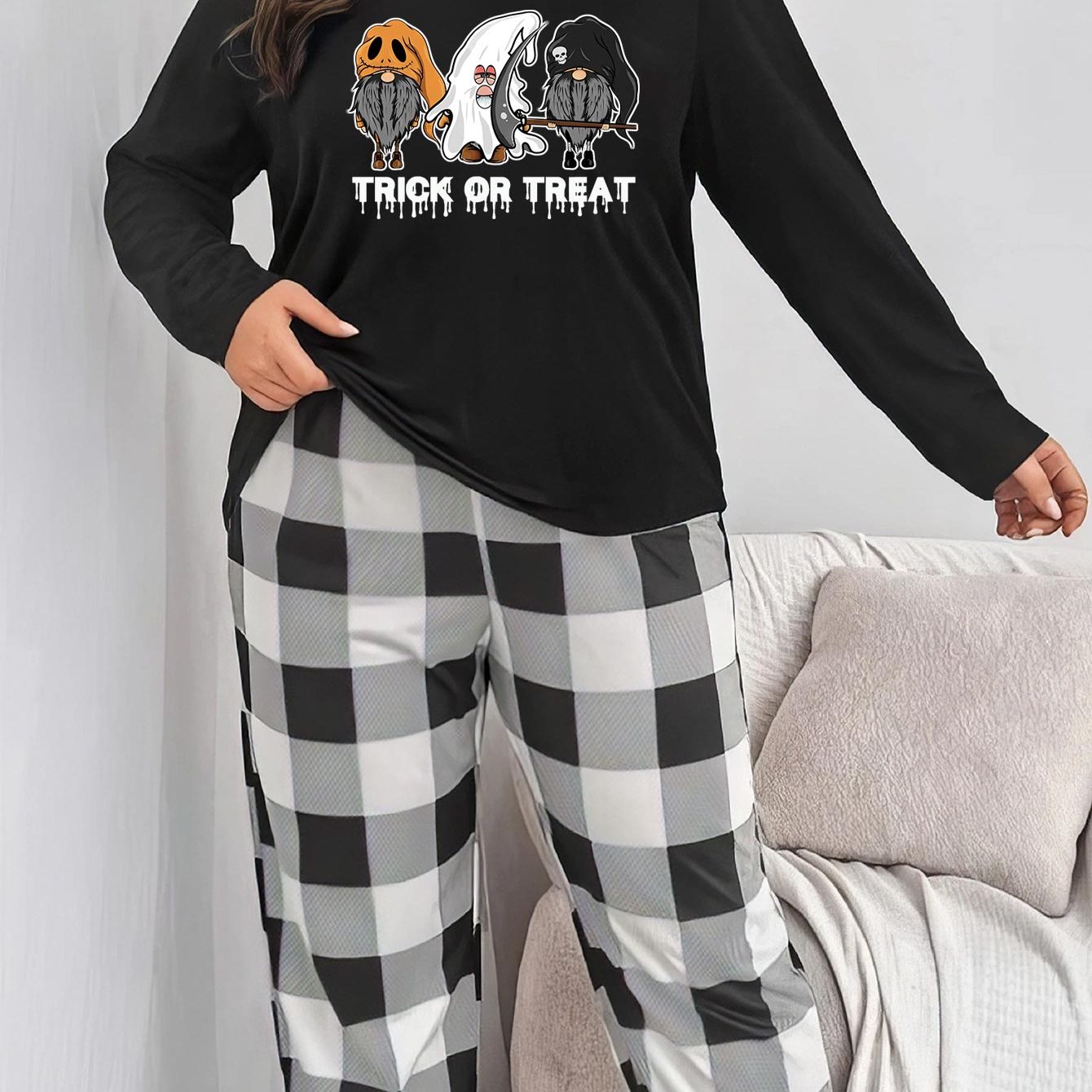 Gothic Pajama Set Ghost Gnome Tee & Plaid Pants