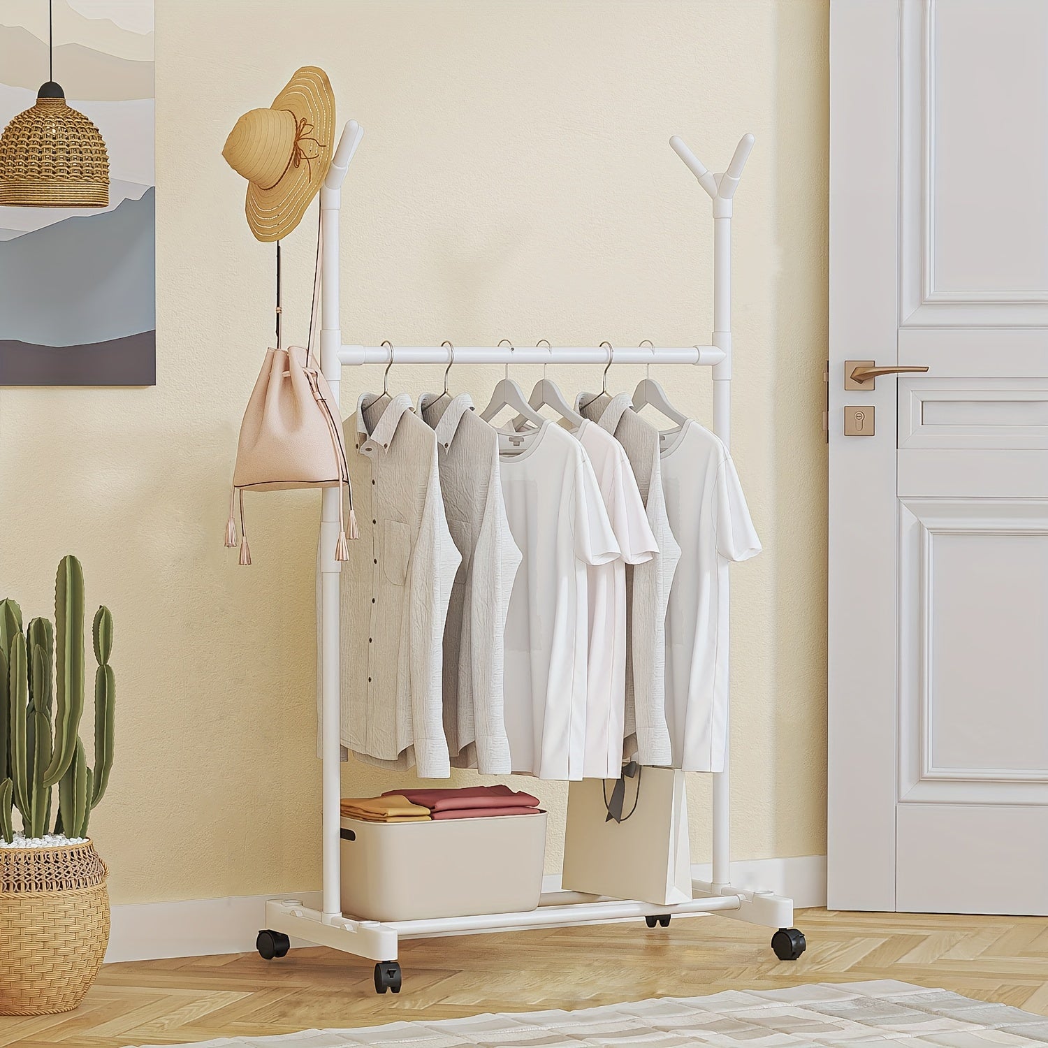 Double Pole Coat Rack With Pulley 2 Layer Clothes Rack Standing Coat Rack
