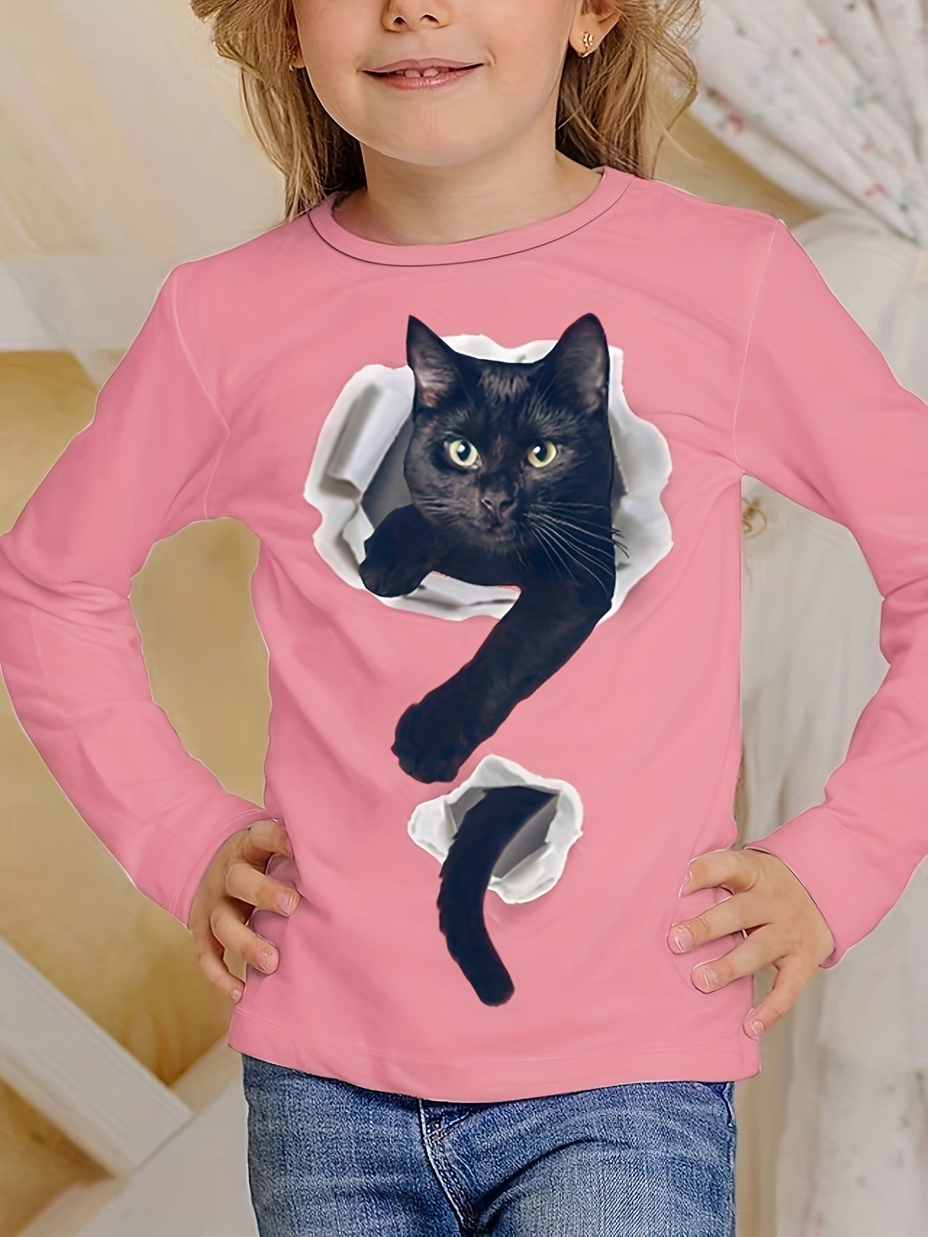 3D Kitty Graphic Long Sleeve T shirt Girls Comfy Tees