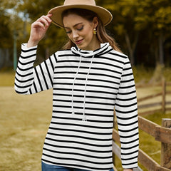 Striped Print Drawstring Pullover Sweatshirt Women's Clothing