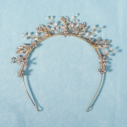 Alloy Leaf Rhinestone Headband Faux Pearl Crown Hair Accessories