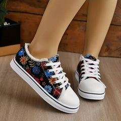 Women's Floral Pattern Flat Canvas Lace Up Low Round Toe Raw Trim Shoes