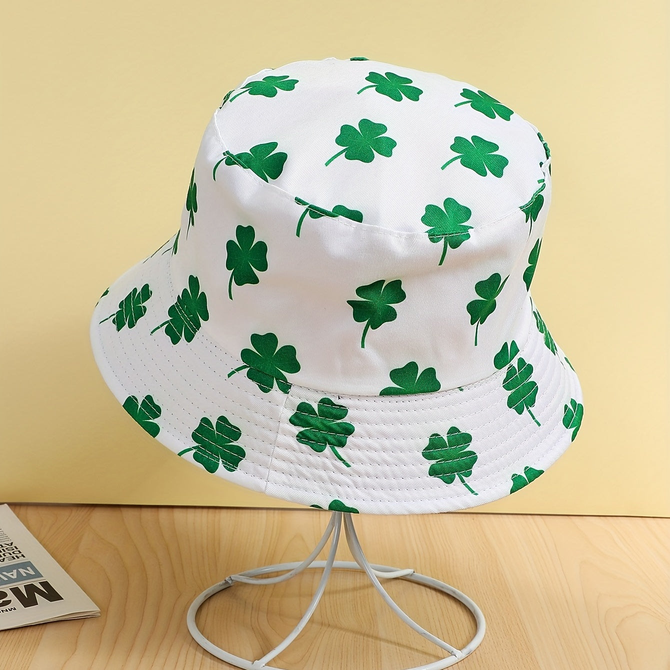 Lucky Clover Print Bucket Hat Green Sunscreen Fisherman Cap