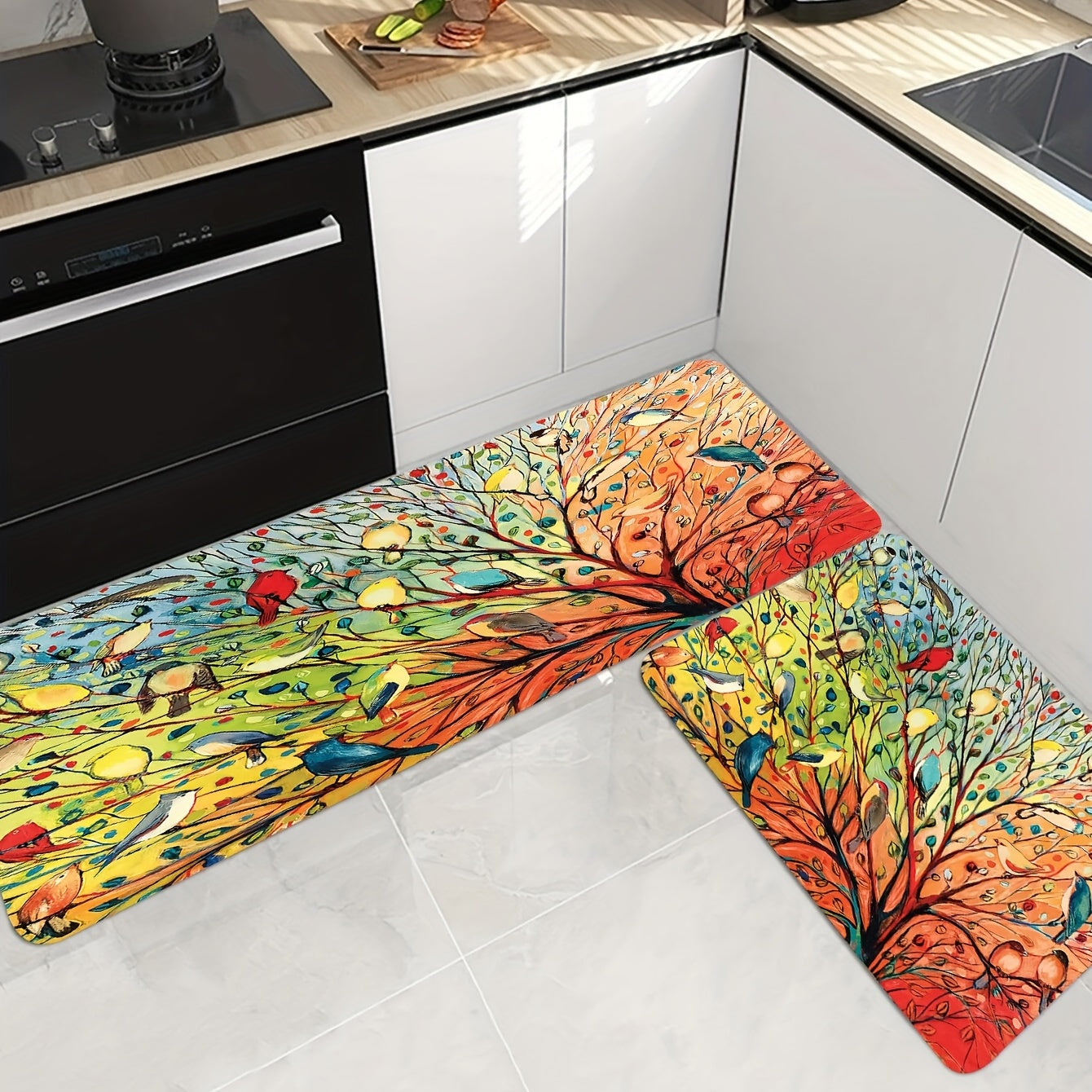 Colorful Tree Anti Fatigue Kitchen Mat, Washable Absorbent Entrance Doormat