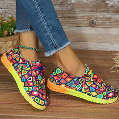 Women's Geometric Pattern Sports Shoes Lace up Low Flat Walking Shoes