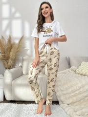 Sloth Print Pajama Set Short Sleeve Crew Neck Top & Pants
