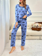 Heart & Eyelash Print Long Sleeve Pajamas 2 PC Set