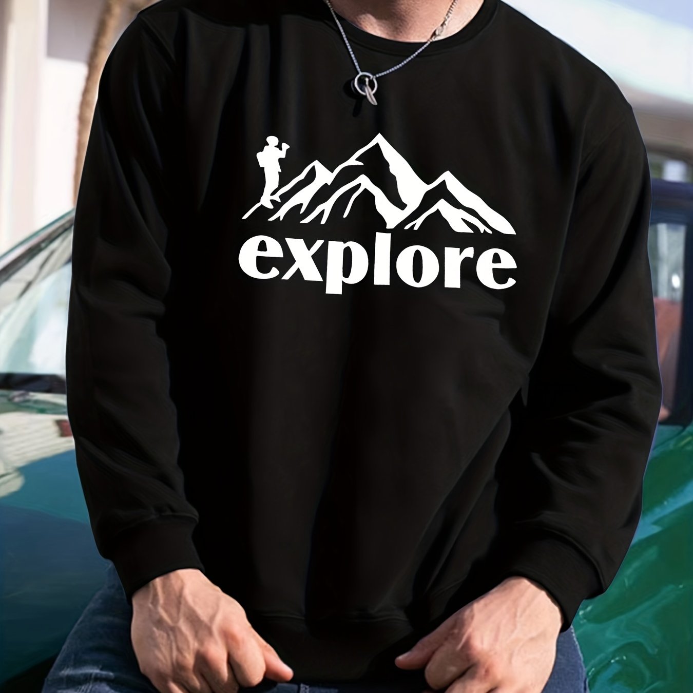 Graphic Mountain Print Sweatshirt Men's Casual Crew Neck Pullover Sweatshirt