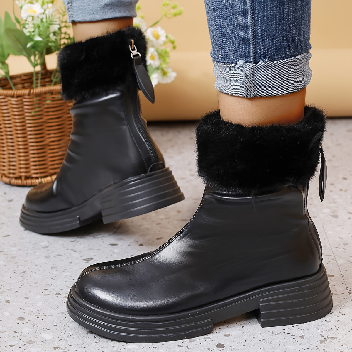 Women's Snow Boots with Plush Lining, Zip Back Soft Faux Leather