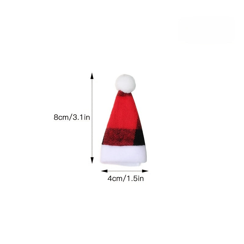 2pcs Christmas Props Red And Plaid Cloth Hats Mini Christmas Hat And Fork Set