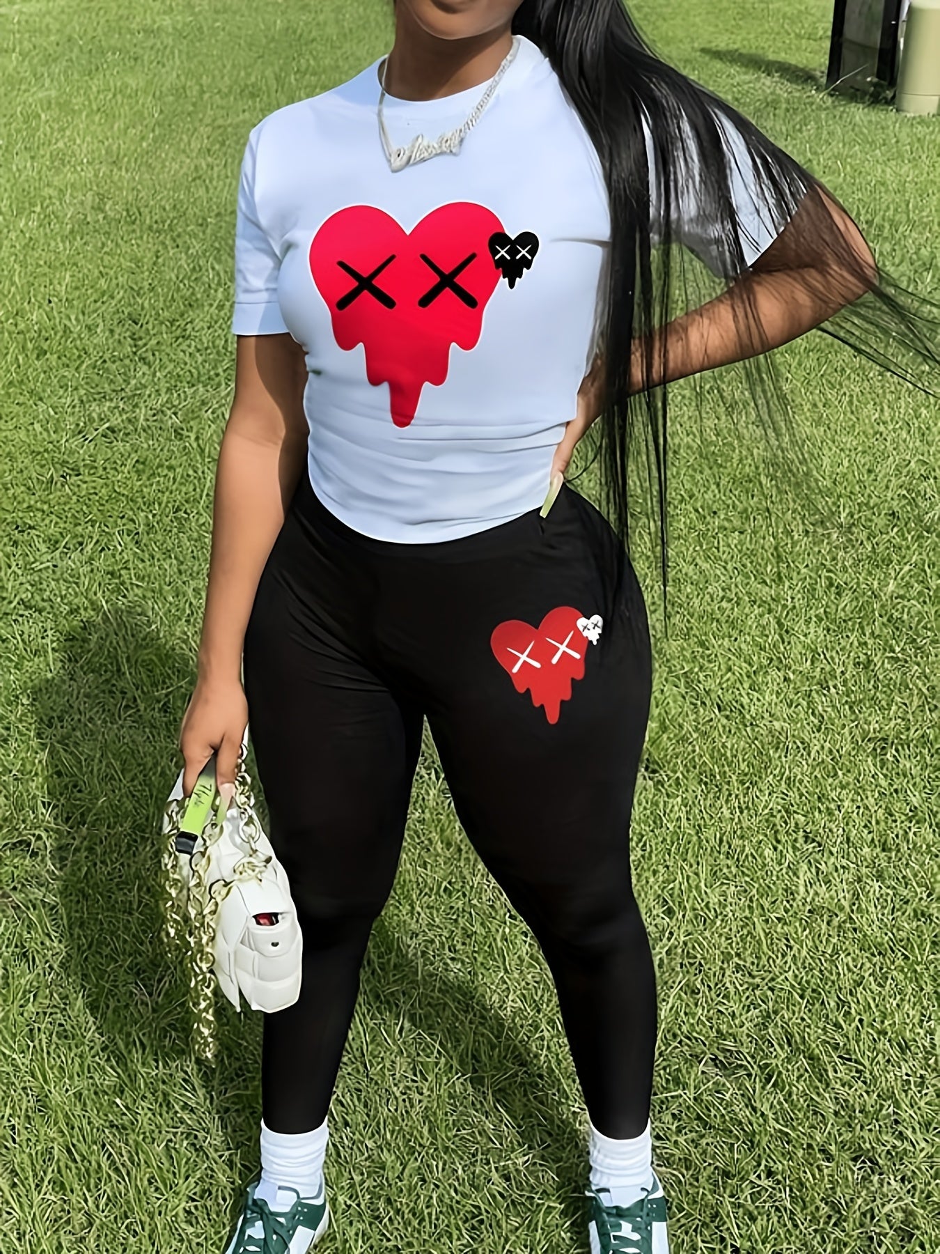 Heart Print Long Sleeve Top & Pants Two Piece Set