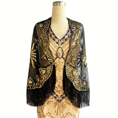Vintage Sequin Beaded Tassel Shawl 1920s Large Cape Flapper Shawls