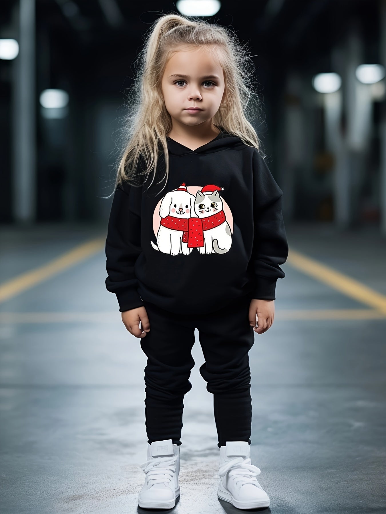 Lovely Puppy & Kitty Print Hoodies Jogger Set for Girls