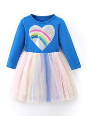 Heart Printed Rainbow Round Neck Party Toddler Dress