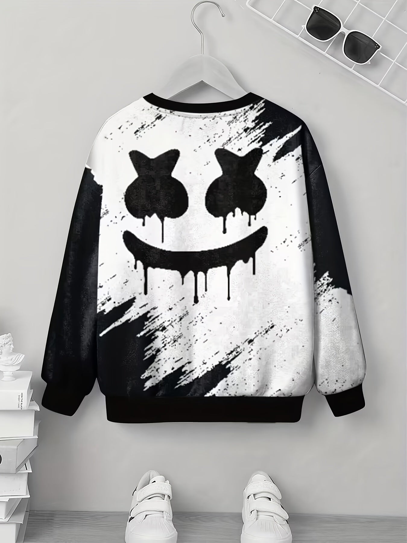 Funny Face Pattern Sweatshirt For Kids Long Sleeve Top Boy's Clothes