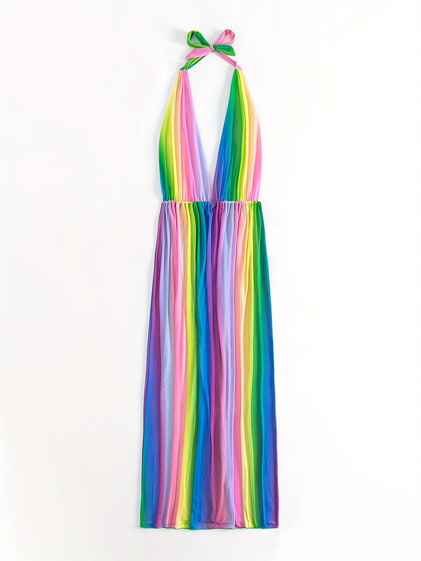 Rainbow Striped Cover Up Dress Halter V Neck Loose Fit Backless Beachwear