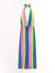 Rainbow Striped Cover Up Dress Halter V Neck Loose Fit Backless Beachwear