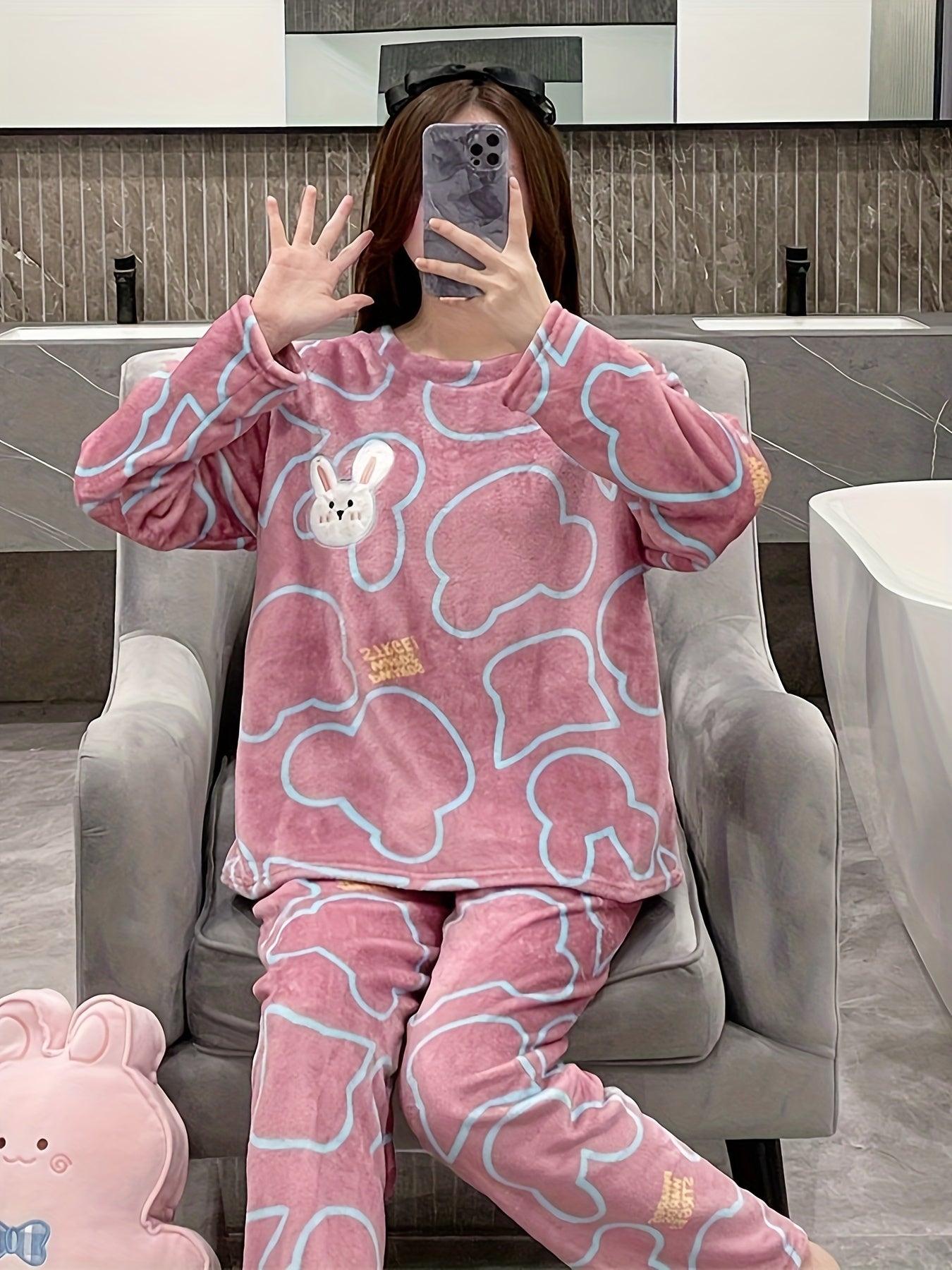 Bunny Print Fuzzy Pajama Set Long Sleeve Crew Neck Top & Elastic Waistband Pants