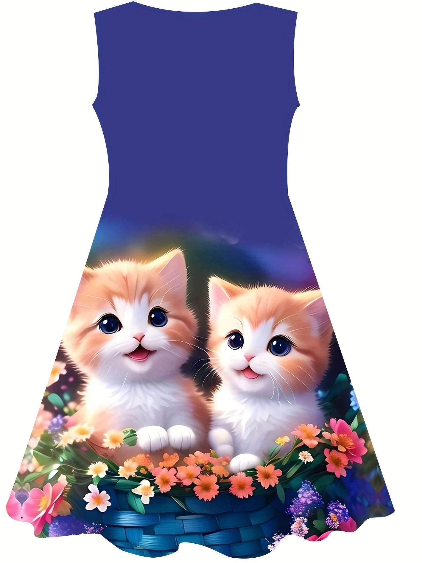 Girls Flower & Cat Sleeveless Dress for Summer Party