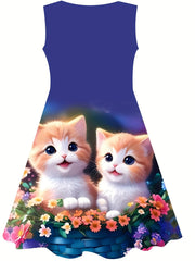 Girls Flower & Cat Sleeveless Dress for Summer Party