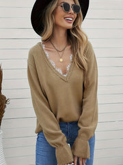 V Neck Lace Flounce Sleeve Sweater