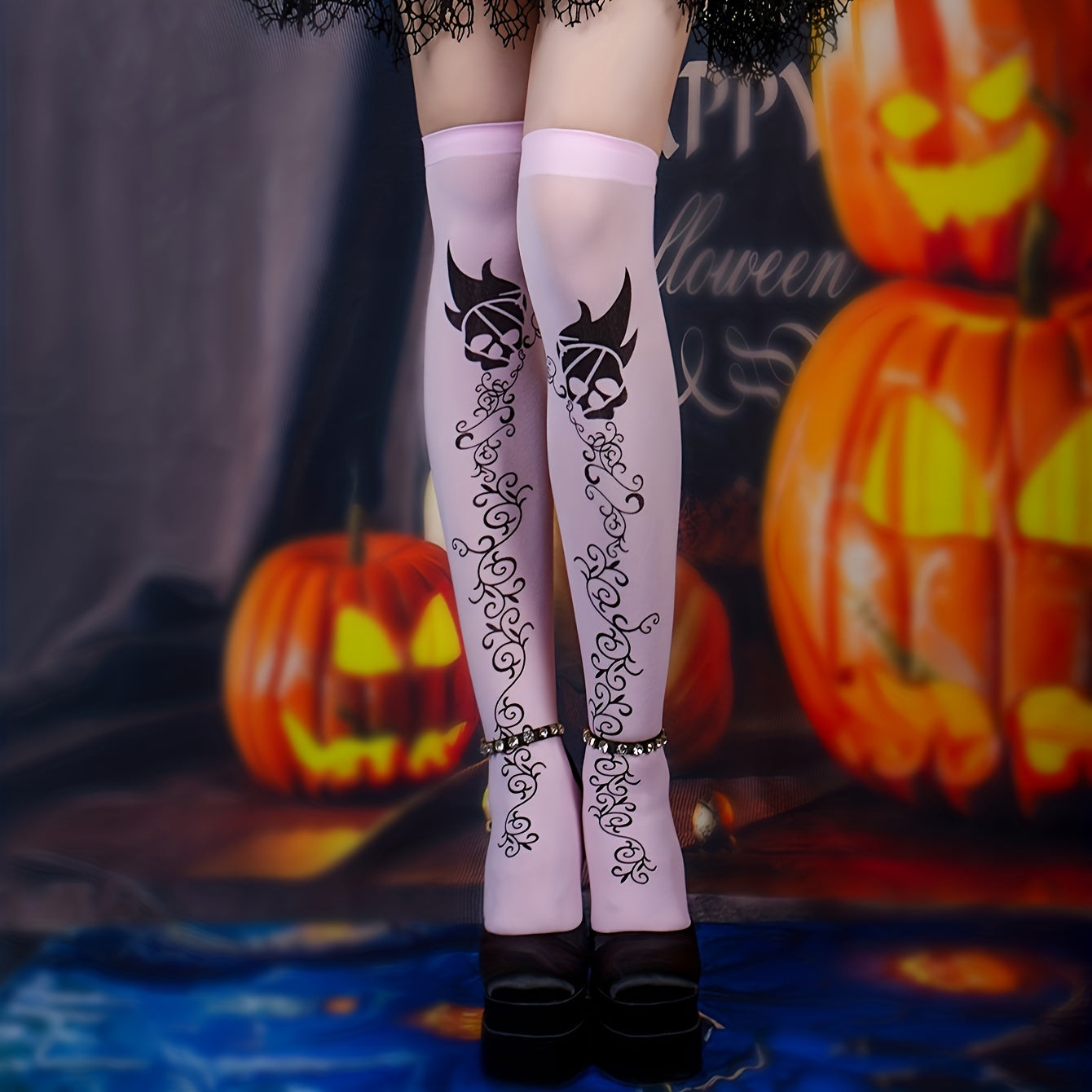 Skull Print Thigh High Socks Halloween Lace Over The Knee Stockings