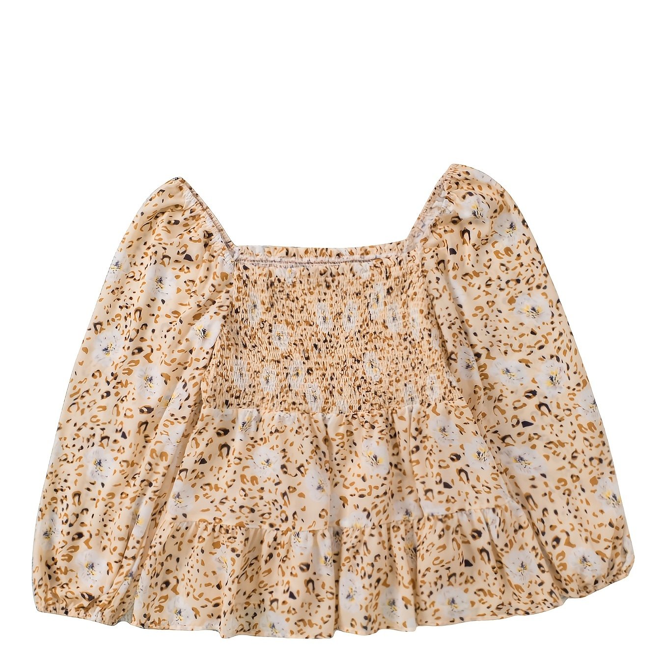 Leopard Print Puff Sleeve Cover Up Women's Plus Peplum Top