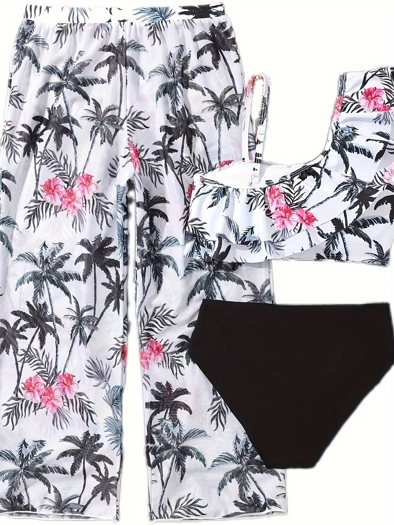 Girls Coconut Tree & Flower Print Swimwear Set
