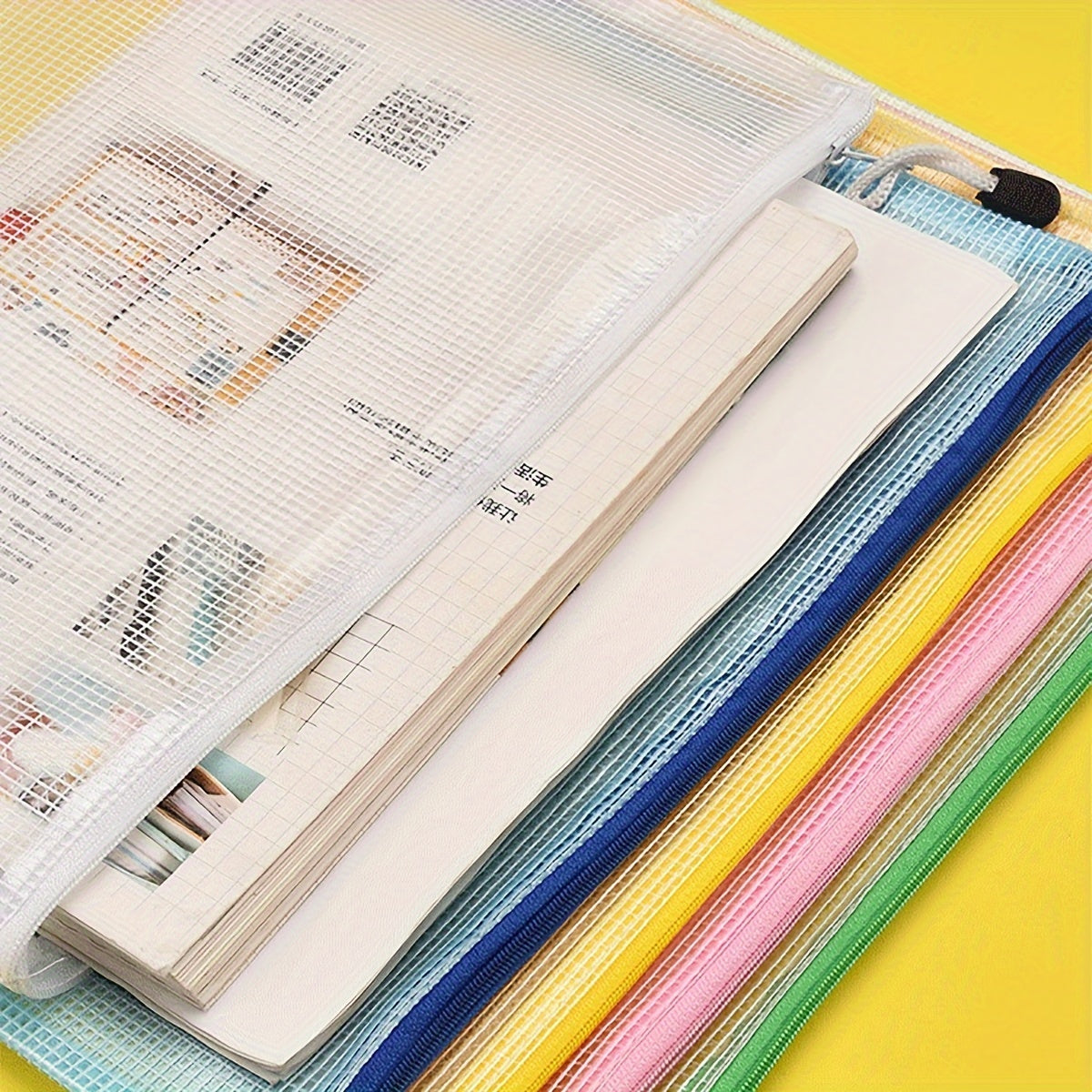 10pcs Grid Zipper File Bag Pen Bag Stationery Office Transparent Data Storage