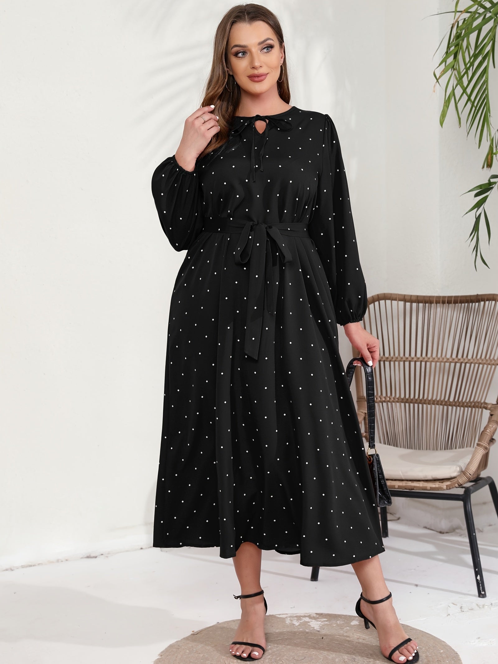 Polka Dot Long Sleeve Maxi Dress With Belt