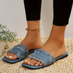 Women's Studded Flat Slides Denim Slide Sandals Square Open Toe