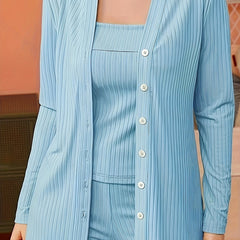 Ribbed Lounge Set Long Sleeve Button Top & Cami Top & Pants